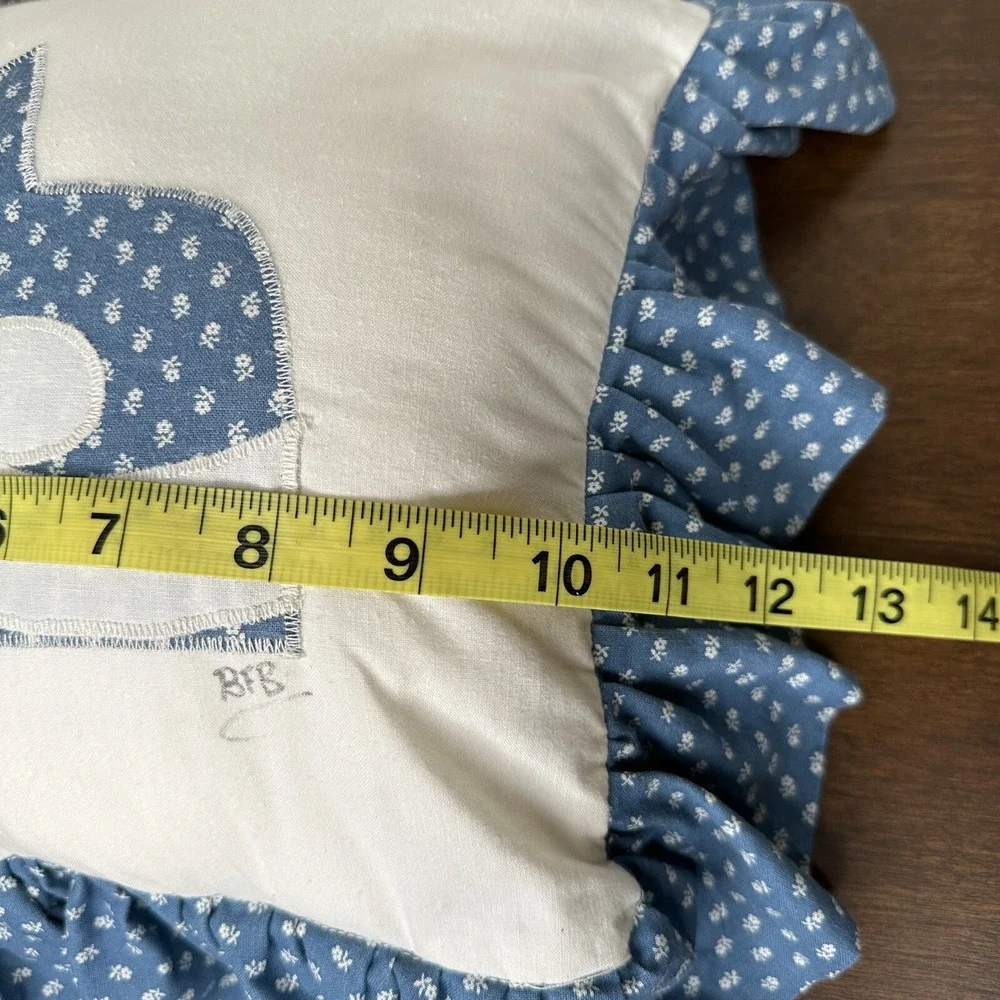 Vintage Quilt Cat Throw Pillow Blue Ruffle Grannycore Embroidered Handmade Kitty